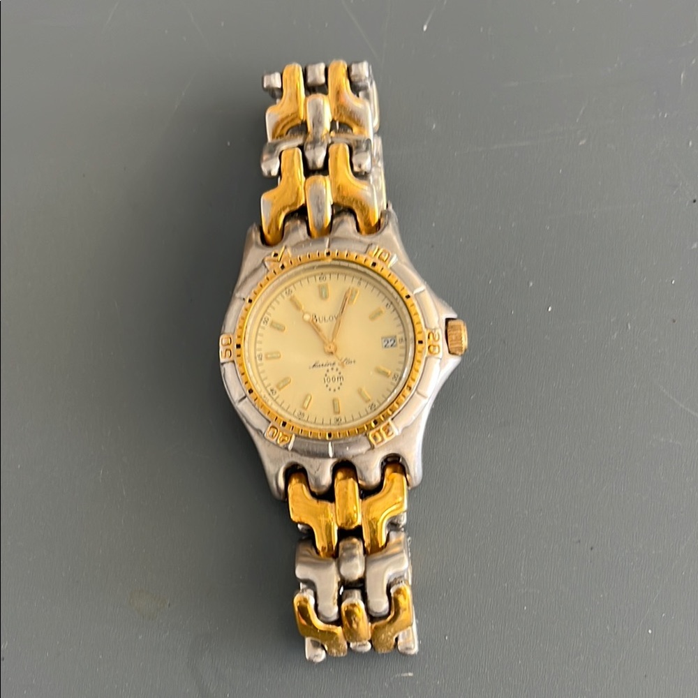 Used Bulova Gold and Silver Two-Tone Watch with Intricate Bracelet